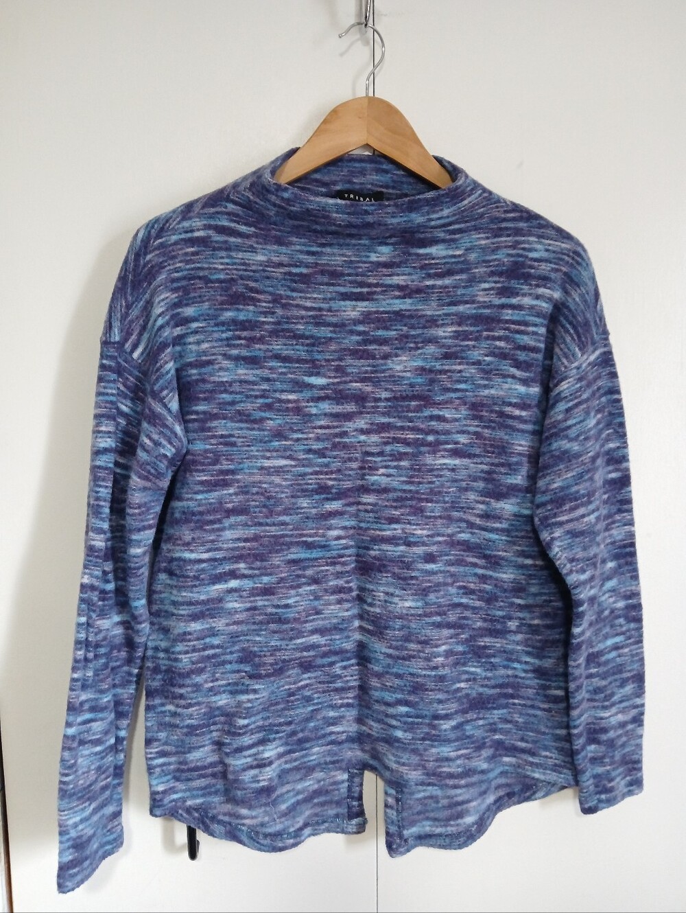 Tribal Blue Purple Space Dye Mock Neck Split Back Hem Sweater M